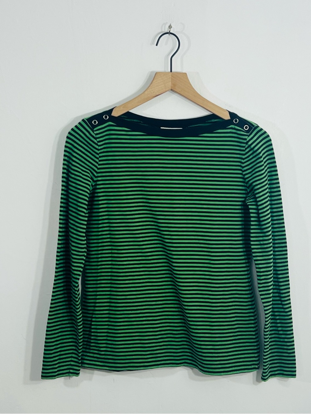 Ann Taylor LOFT Pullover Green Black Striped Long Sleeve Casual Tee With Stretch